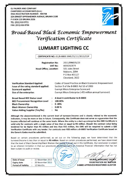 lumiart lighting certificate